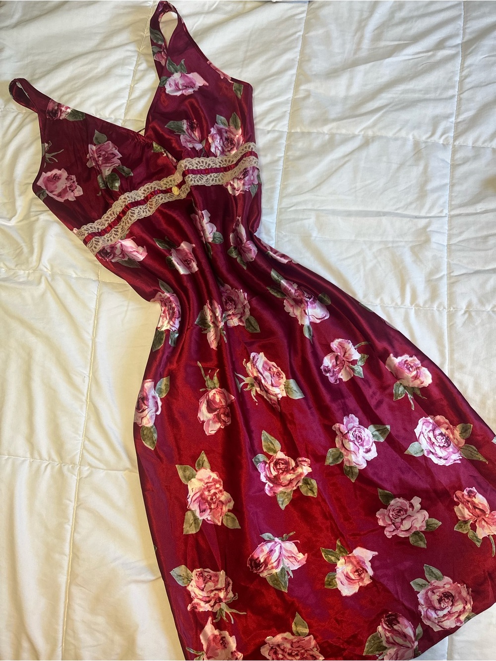 Vintage Floral Lace-Trim Burgundy Slip Dress